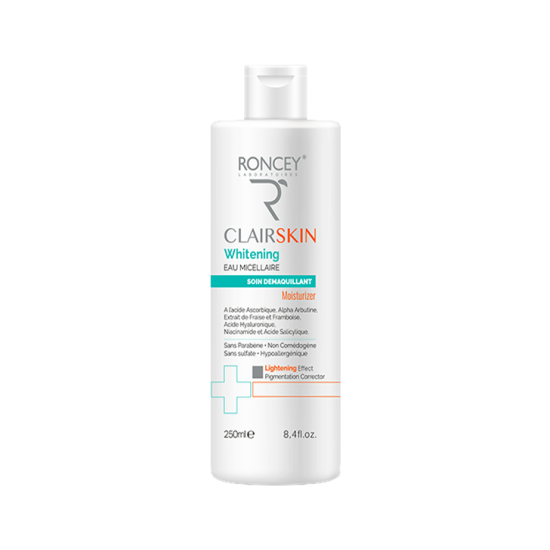 ماء ميسيلار لتفتيح البشرة Clairskin Whitening Micellar Water – Roncey: منظف ومزيل مكياج 2 في 1 ينظف البشرة بعمق ويساعد على تفتيح التصبغات والبقع الداكنة