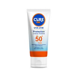 واقي شمس Cure Sun UVA-UVB Protection Crème Solaire بعامل حماية SPF 50+، وهو النوع الملون (Teinté) من إنتاج شركة رونسي (Roncey)