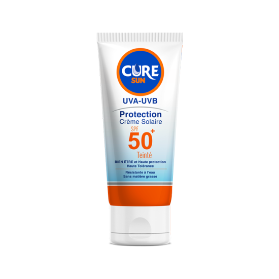 واقي شمس Cure Sun UVA-UVB Protection Crème Solaire بعامل حماية SPF 50+، وهو النوع الملون (Teinté) من إنتاج شركة رونسي (Roncey)